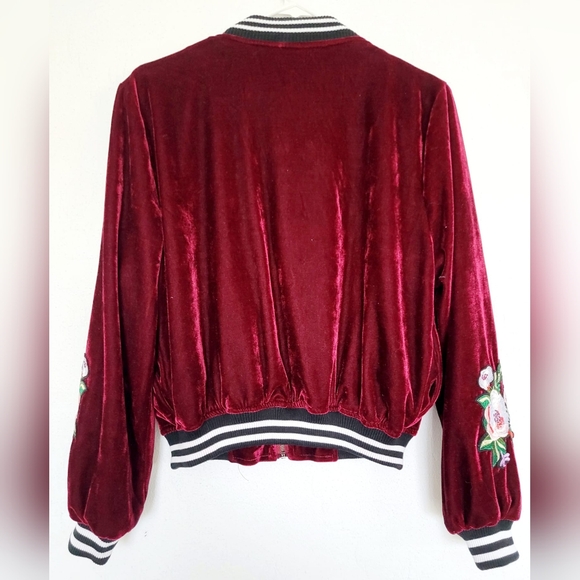 36•5 Women Velvet/Velour Embroidered BomberJacket Burgundy Full Zip Small/Medium - Picture 14 of 16